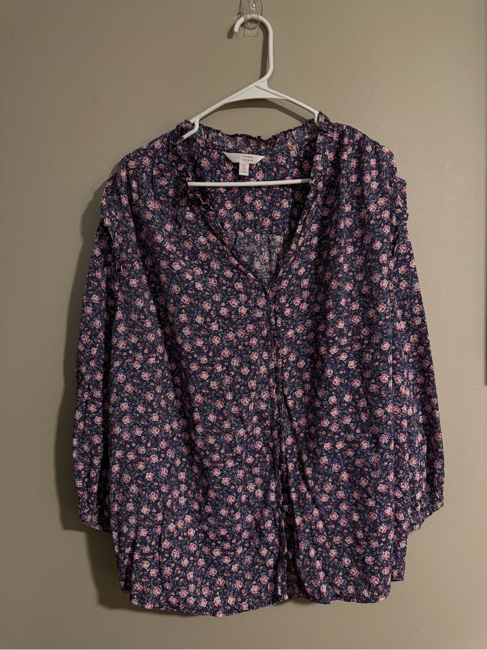 LC Lauren Conrad Navy Button-Front Floral Blouse